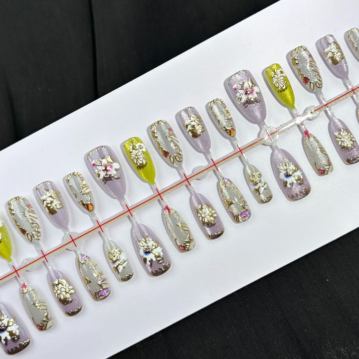 Artistic Floral Jewel-Embellished Press-On Nails