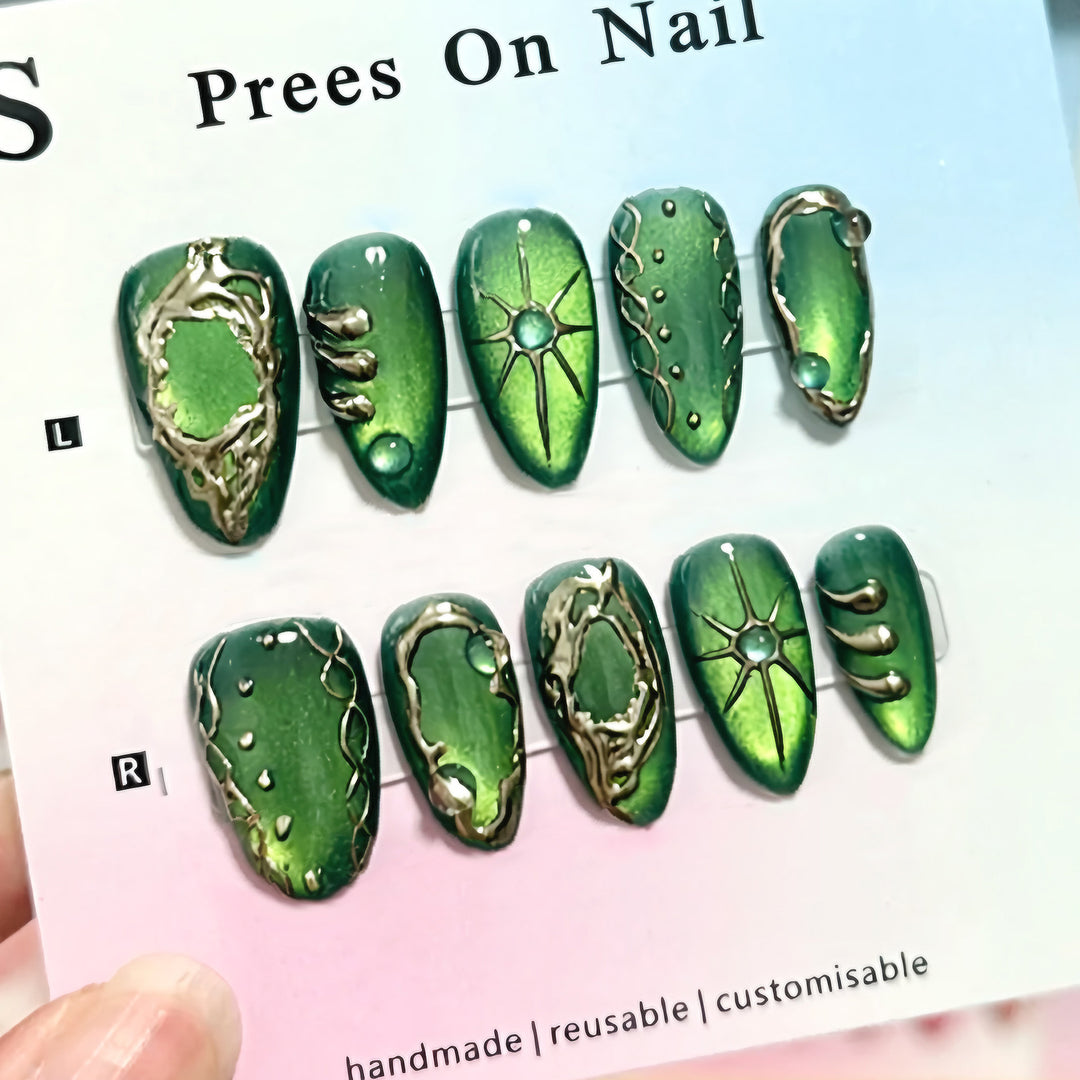 Artistic Press-On Nail Art Set with Geometric Metal Accents Stornfield