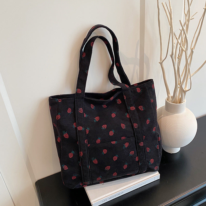 Playful Strawberry Print Corduroy Tote Bag Stornfield