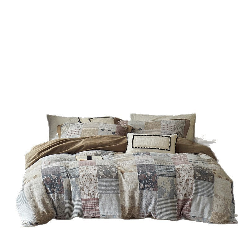 Reversible Cotton Sateen Duvet Cover Set with Patchwork Accent Pillowcases