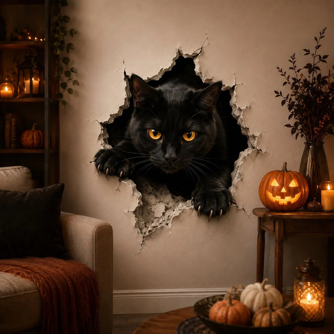 Three-dimensional Halloween wall sticker witch with hole-in-wall effect and pumpkin lantern