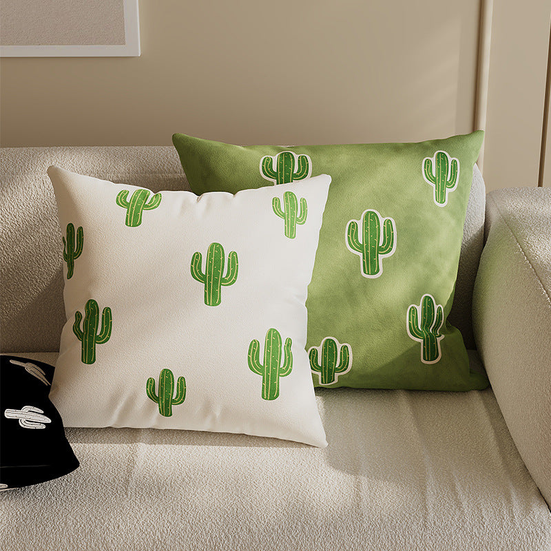 Decorative Square Cotton-Linen Throw Pillow Cover with Cactus Motif and Hidden Zipper