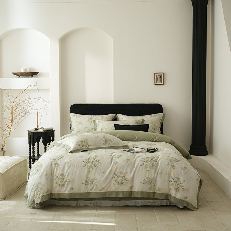 Botanical-Print Washed Cotton Duvet Cover Set with Contrast Hem and Oxford Border Pillowcases