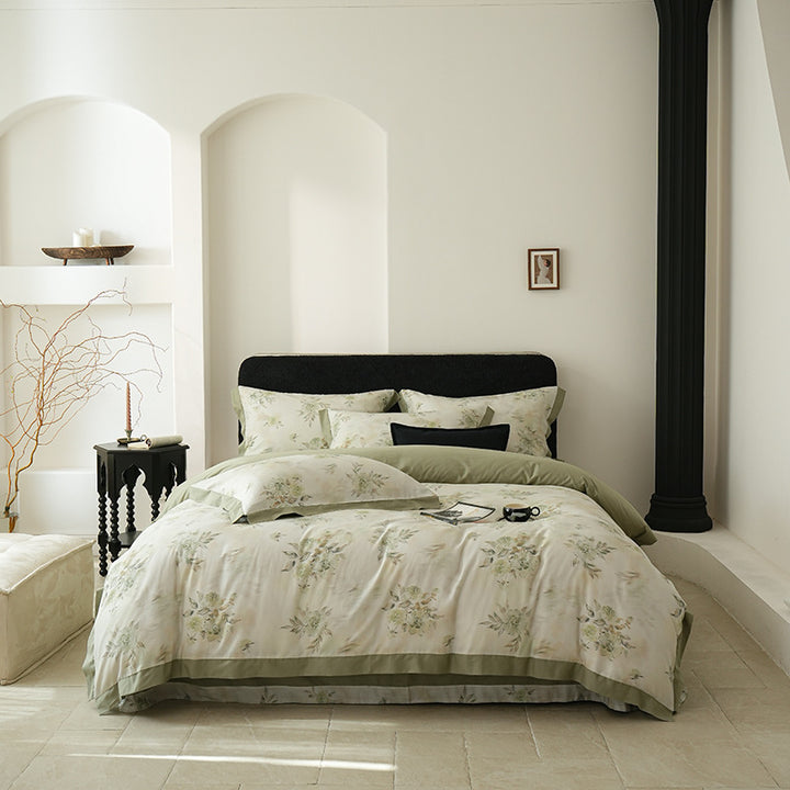 Botanical-Print Washed Cotton Duvet Cover Set with Contrast Hem and Oxford Border Pillowcases