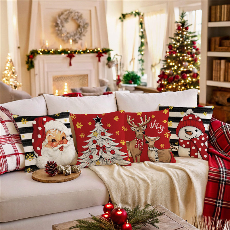 Square Cotton-Linen Holiday Tree Decorative Throw Pillow Cover with Candy-Cane Ornaments