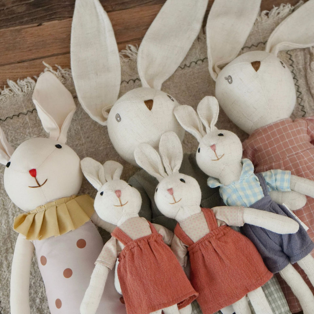 Soft Long‑Leg Linen Bunny Plush with Checkered Collar and Gathered Overalls