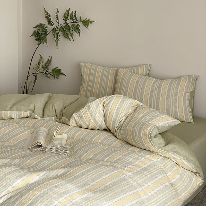 Reversible bedding set made of cotton-linen blend with fine stripe texture and fitted sheet