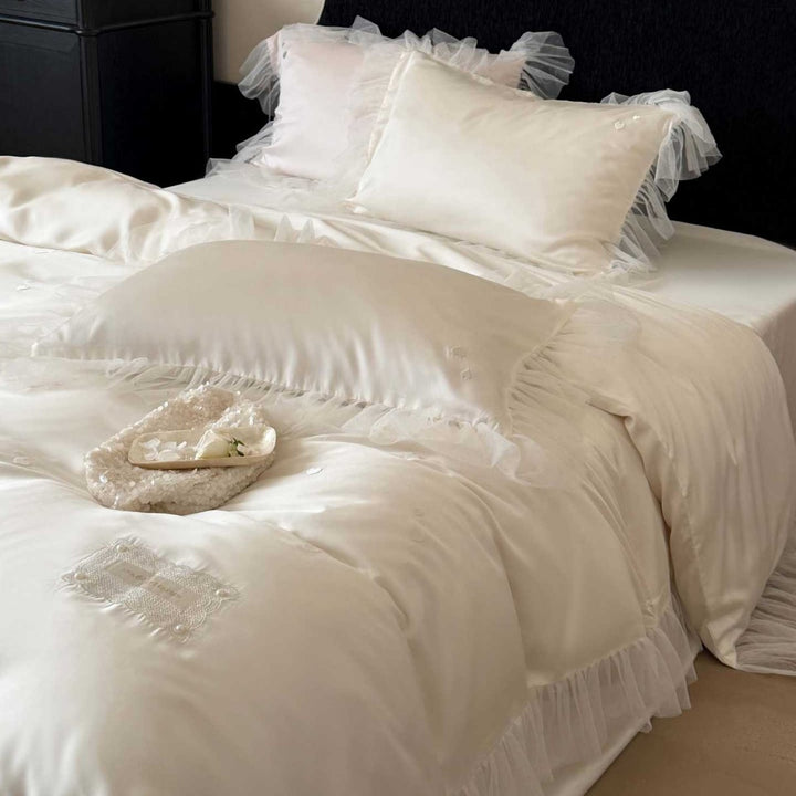 Satin Ruffled Tulle-Trim Button-Down Duvet Cover Set