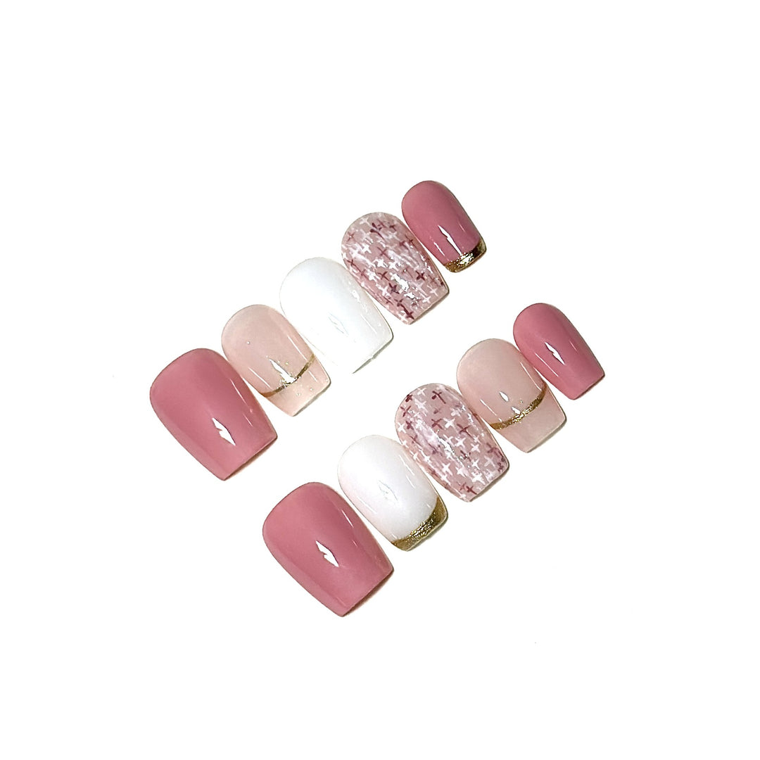 Elegant Press-On Nail Art Set with Gold and Pink Accents