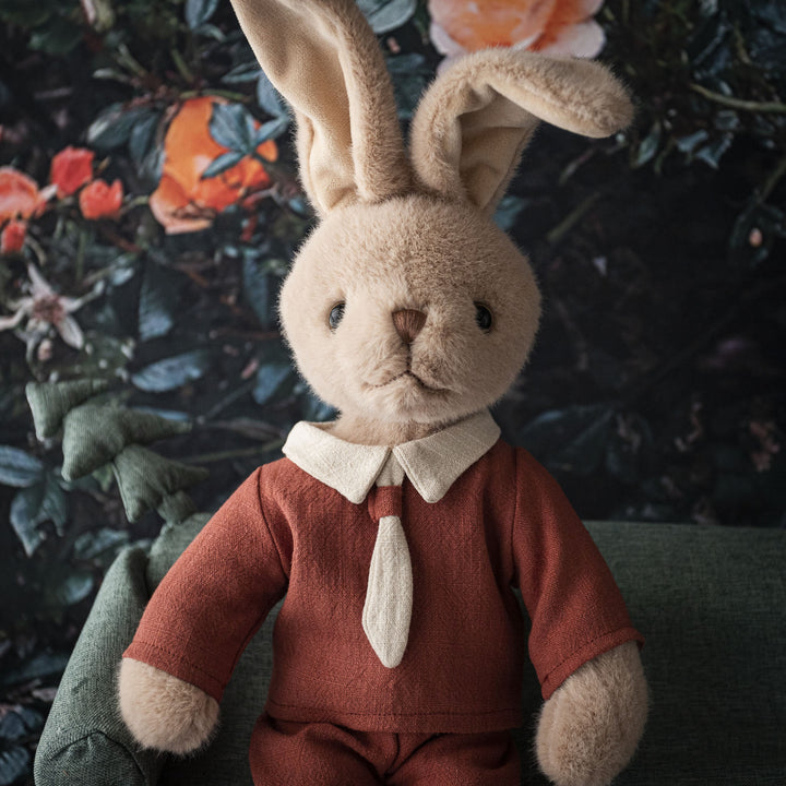 Plush Bunny Doll with Linen Outfit and Soft Fur