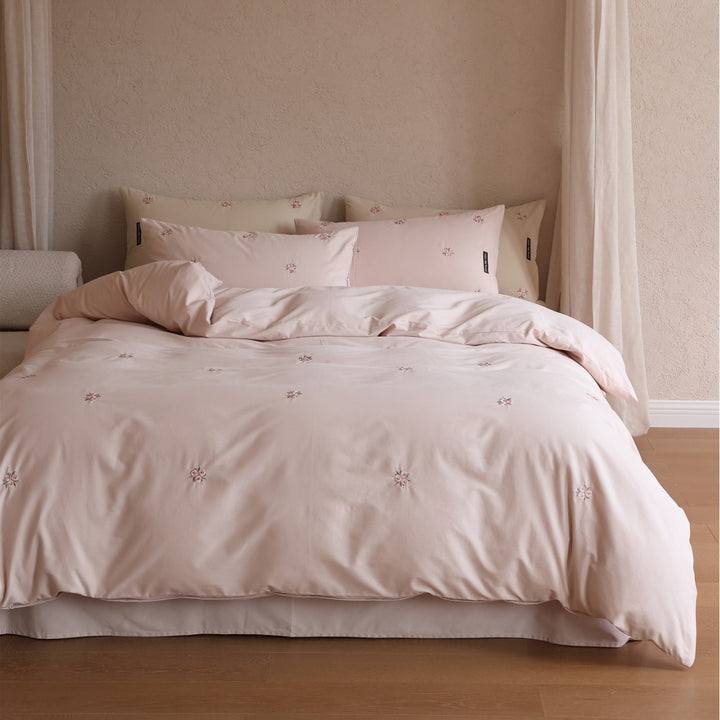 Embroidered Rose Cotton-Sateen Duvet Cover Set with Pillow Shams