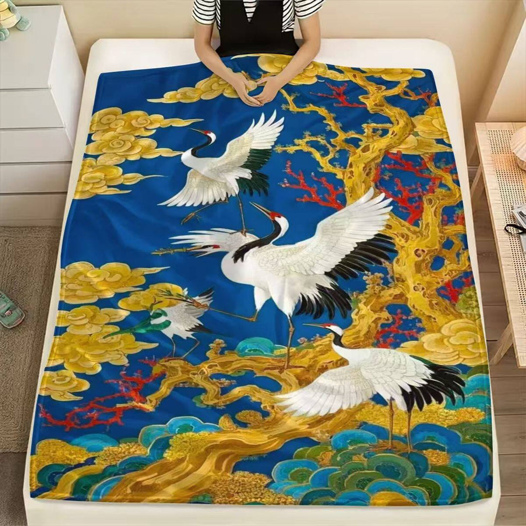 Elegant Crane-Patterned Fleece Throw Blanket