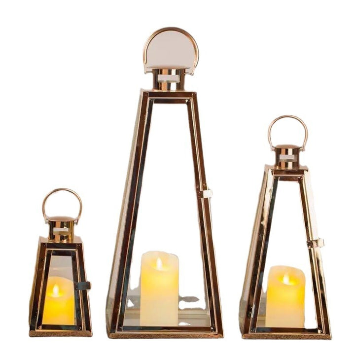 Modern Triangular Glass Candle Lantern Set with Gold Metal Frame Stornfield