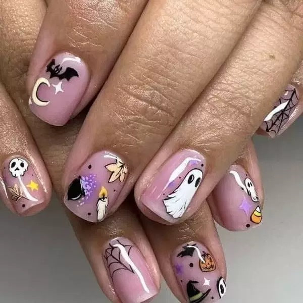 Halloween Fake Nail Set with Creative Horror Motifs and Intricate Designs Stornfield