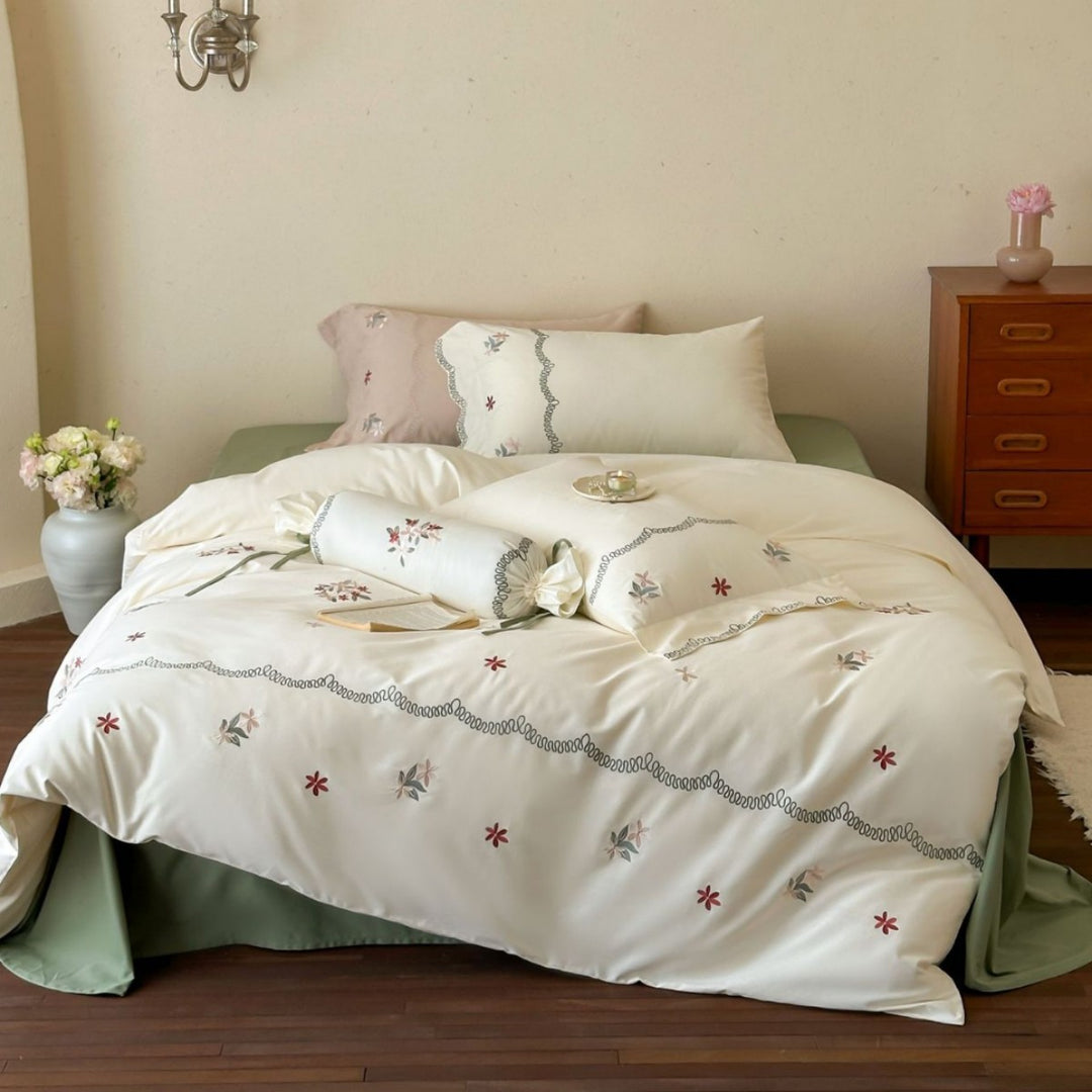 Embroidered Scalloped Lace Duvet Cover Bedding Set with Ruffle-Trim Decorative Pillow