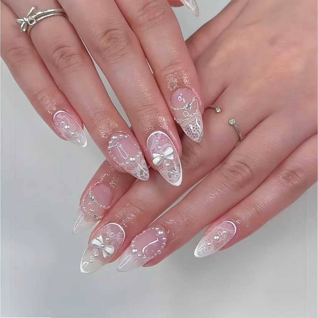 Elegant French Tip Lace Detail Press-On Nails Stornfield