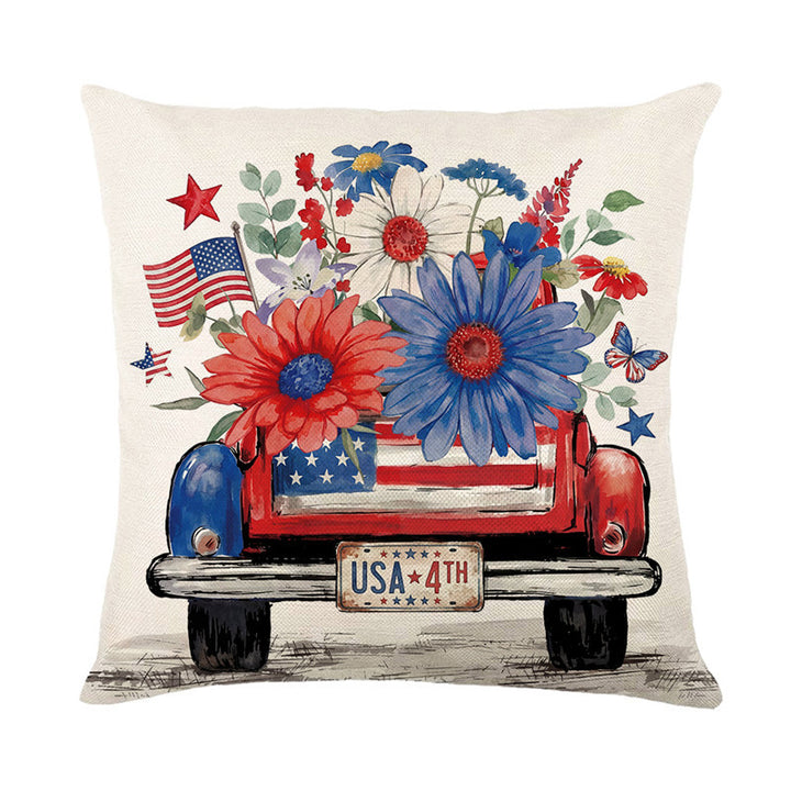 Patriotic Decorative Throw Pillow Cover with Script Typography and Floral Accent