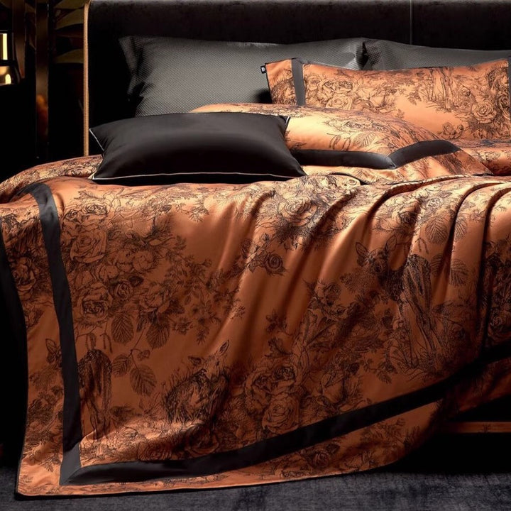 Silk-Feel Botanical Toile Satin Duvet Cover Ensemble with Matte Border and Envelope Shams