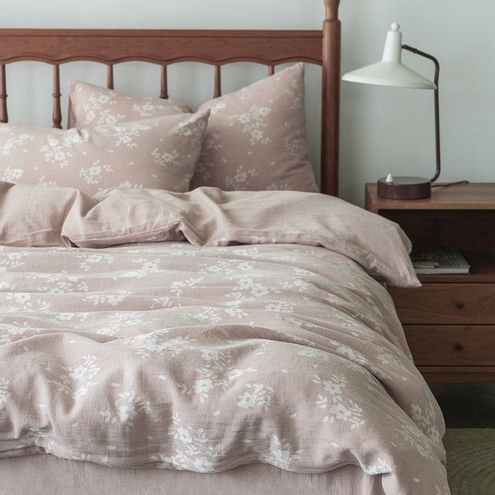 Bedding set in linen look with floral all-over print and fitted sheet