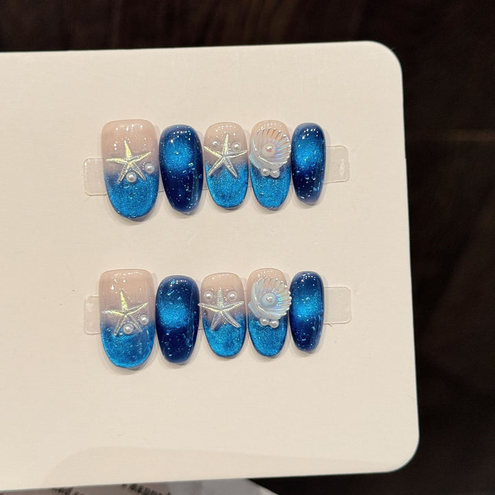 Ocean-Inspired Press-On Nail Set with Starfish and Shell Designs