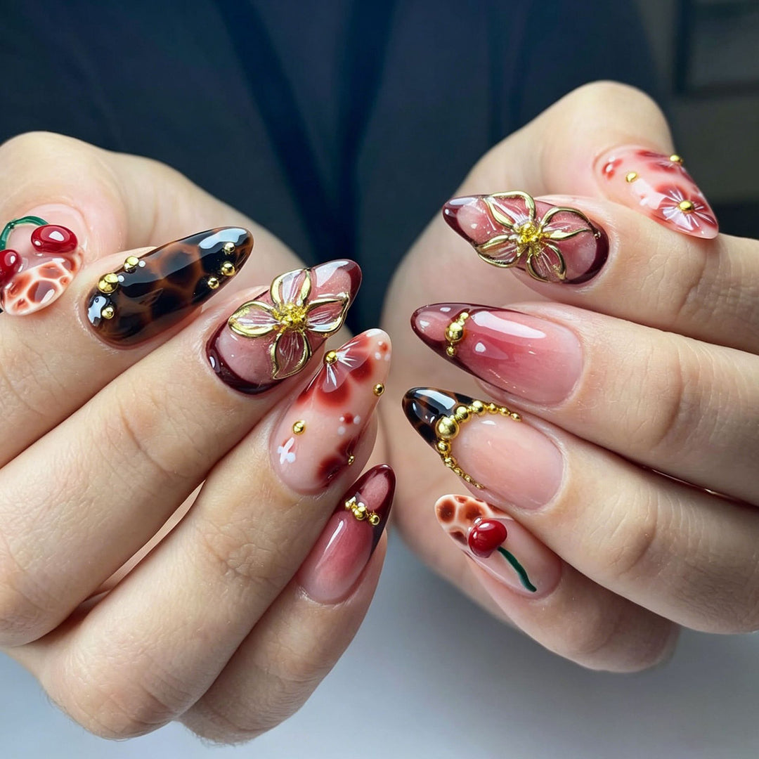 Artful nail tips with cheerful flower and cherry design Stornfield