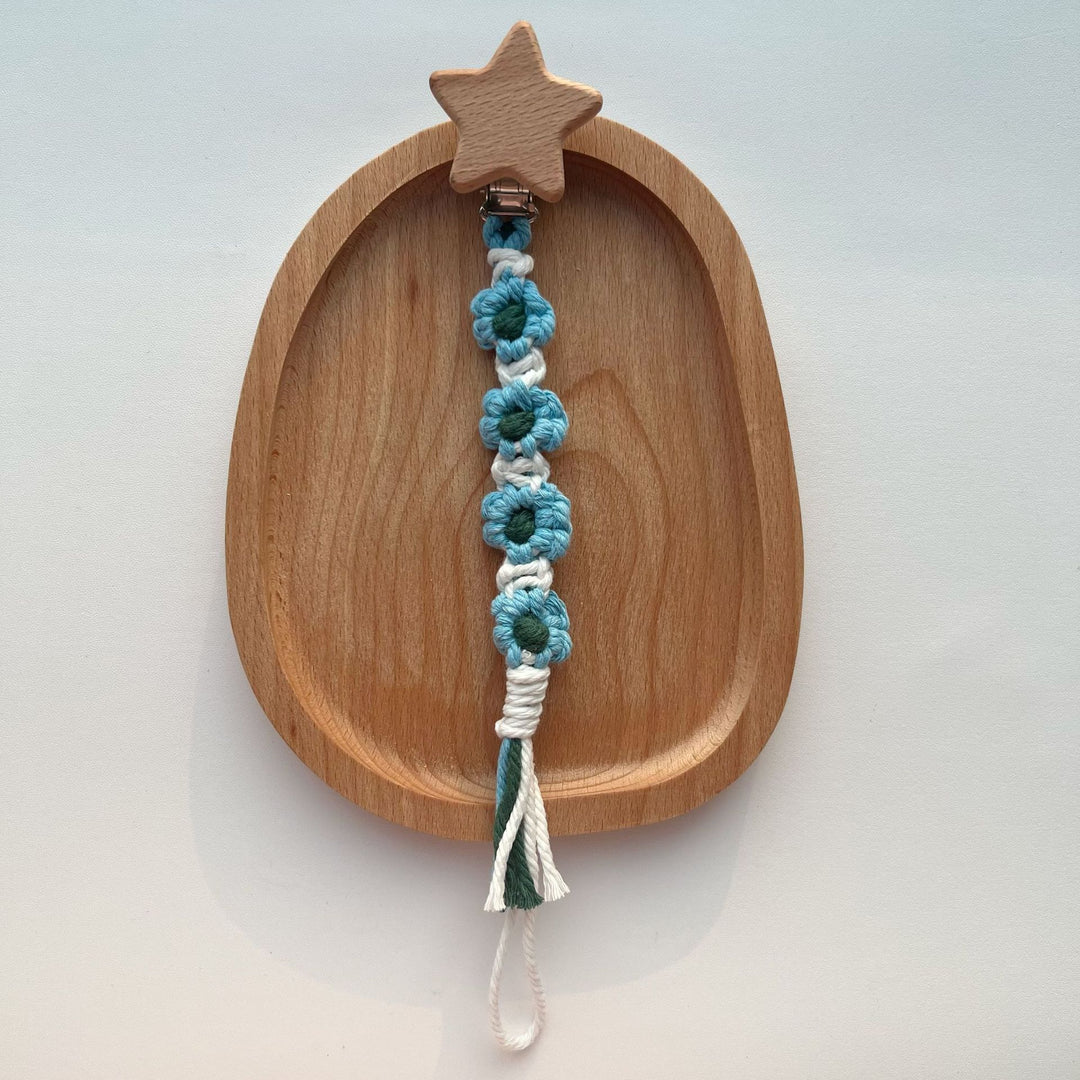 Cotton Crochet Floral Pacifier and Teether Clip with Wooden Heart Safety Clip
