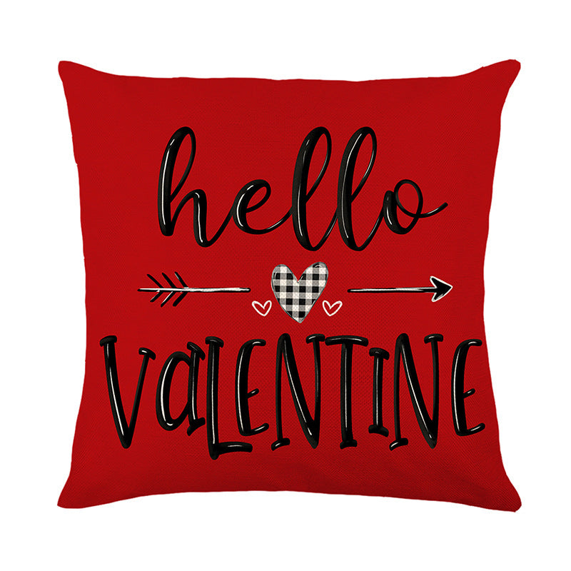 Square Cotton-Linen Decorative Pillow Cover with 'Hugs & Kisses' Handlettered Script and Laurel Accent