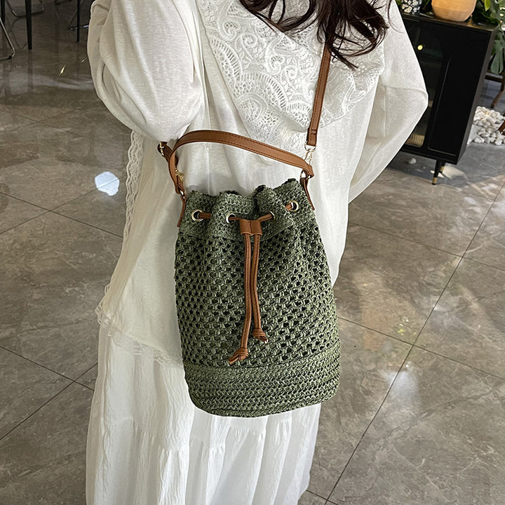 Woven Drawstring Bucket Bag