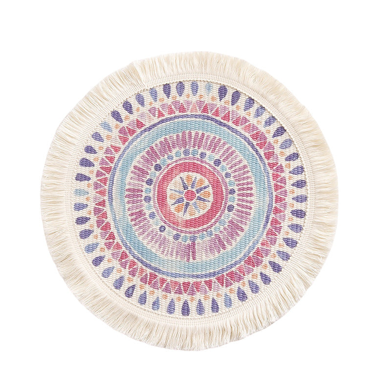 Beef flat-woven floor rug in Boho-Mandala design with cotton fringes