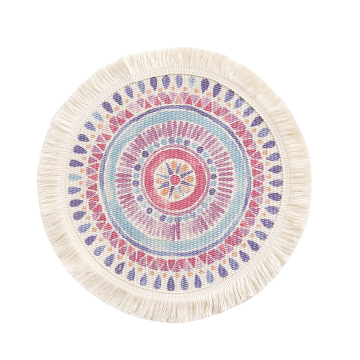 Beef flat-woven floor rug in Boho-Mandala design with cotton fringes