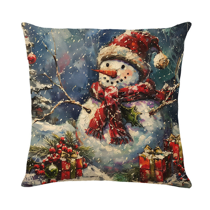 Festive Cotton-Linen Square Throw Pillow Cover with Snowman Winter Village Print and Concealed Zipper