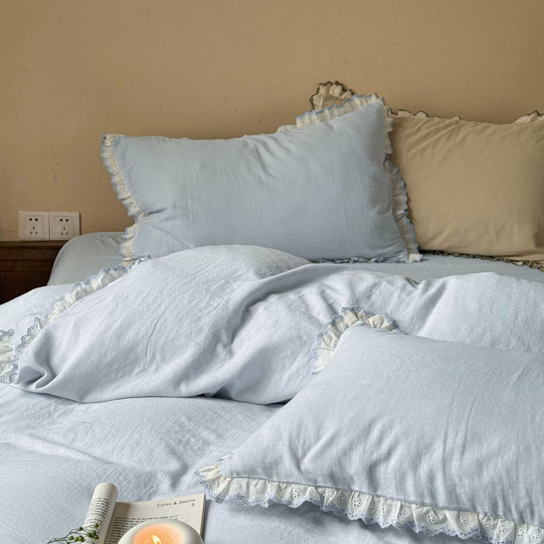 Ruffled Lace-Trim Washed Cotton Duvet Cover Set with Pillow Shams