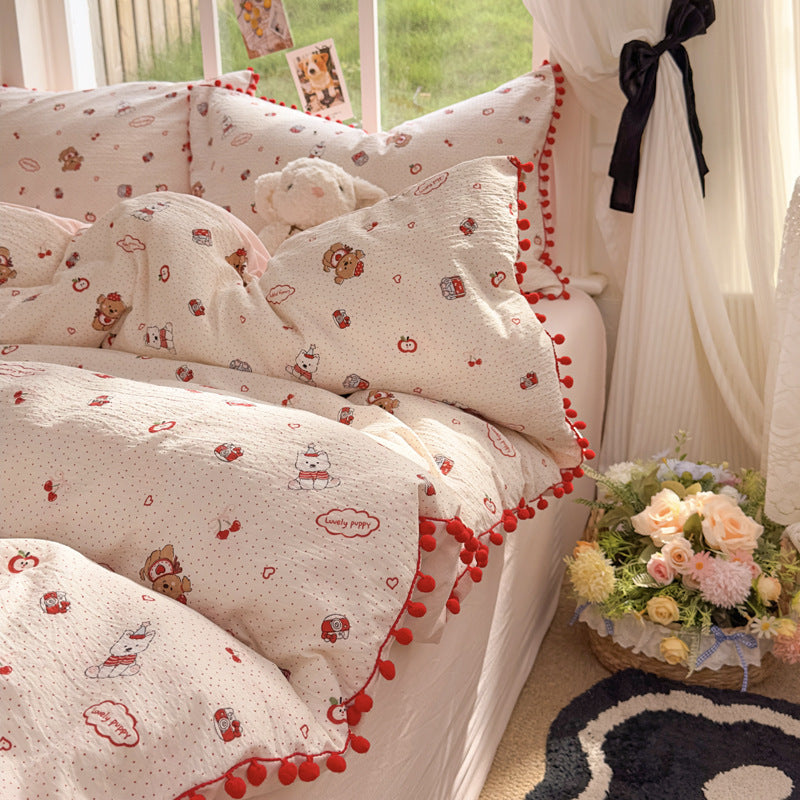 Lightweight Textured Cotton Cartoon Duvet Cover Set with Pom-Pom Trim