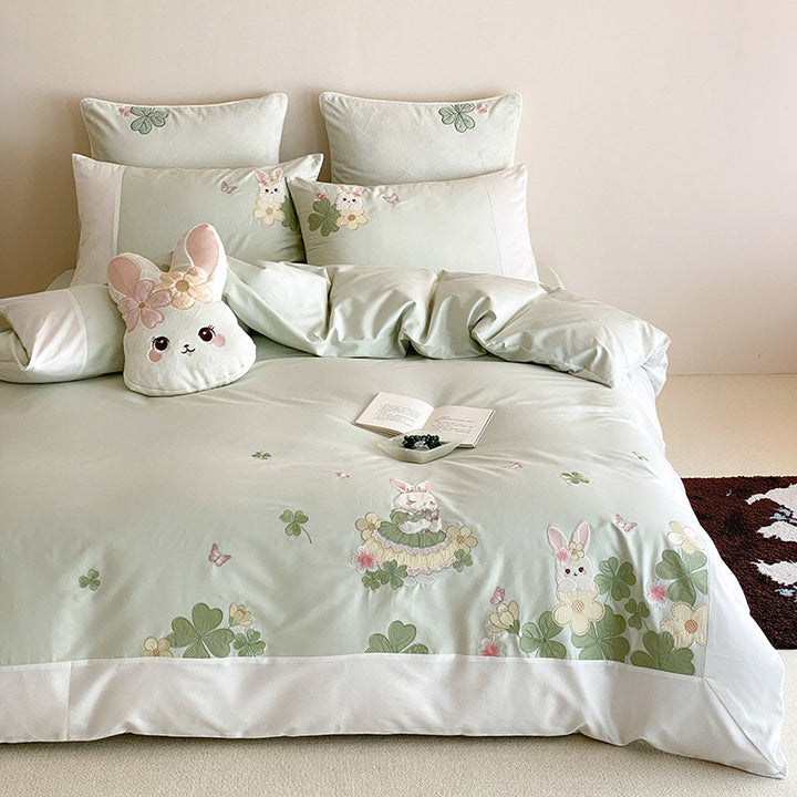 Embroidered Bunny Cotton Sateen Duvet Cover Set with Pillow Shams and Plush Accent Cushion