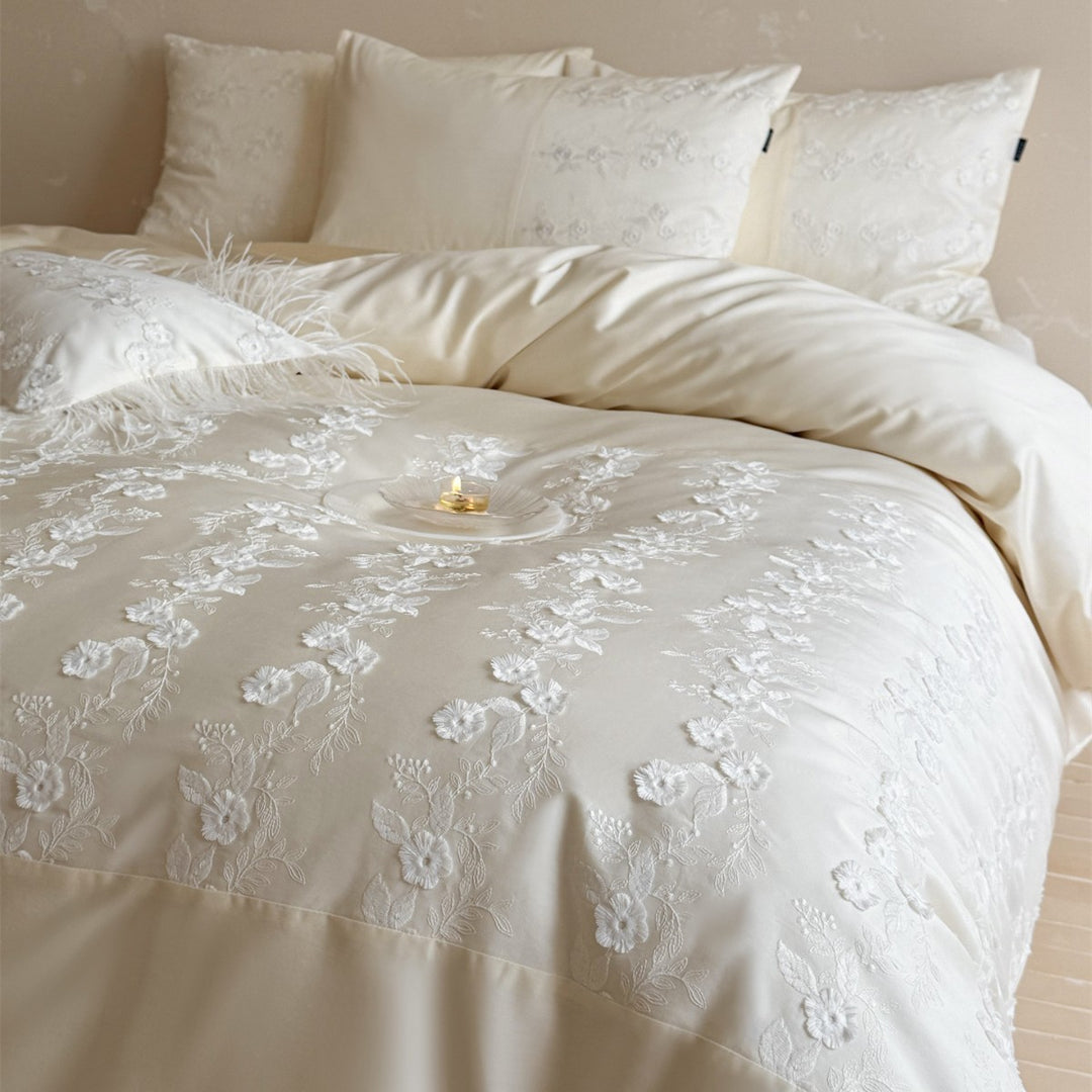 Embroidered Floral Cotton Sateen Duvet Cover Set with Feather-Trim Accent