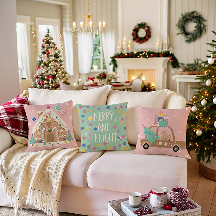 Festive Square Decorative Pillow Cover with Merry and Bright Holiday Typography and String-Light Motif