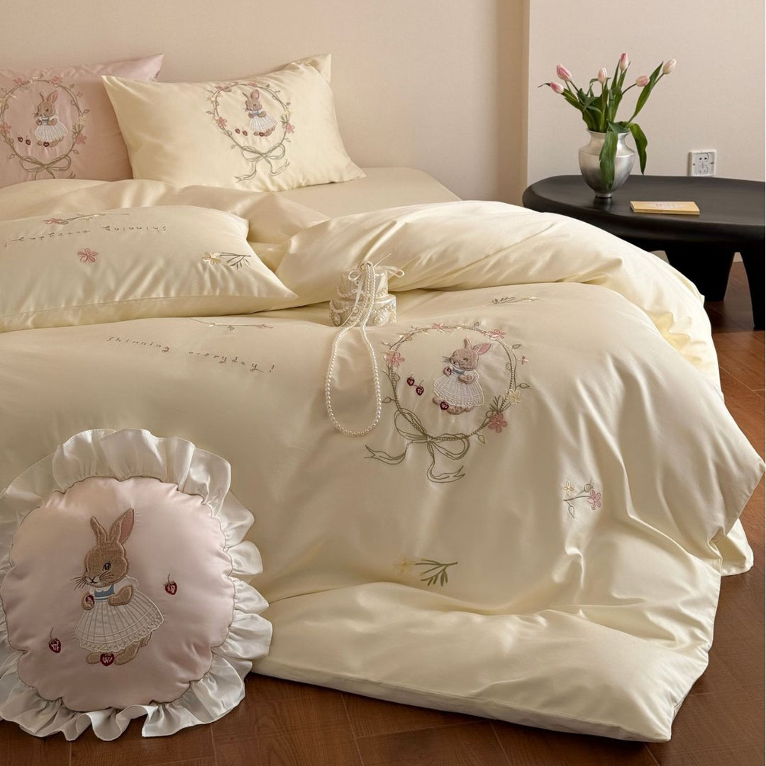Children's Embroidered Bunny Cotton Sateen Bedding Ensemble with Ruffled Round Throw Pillow