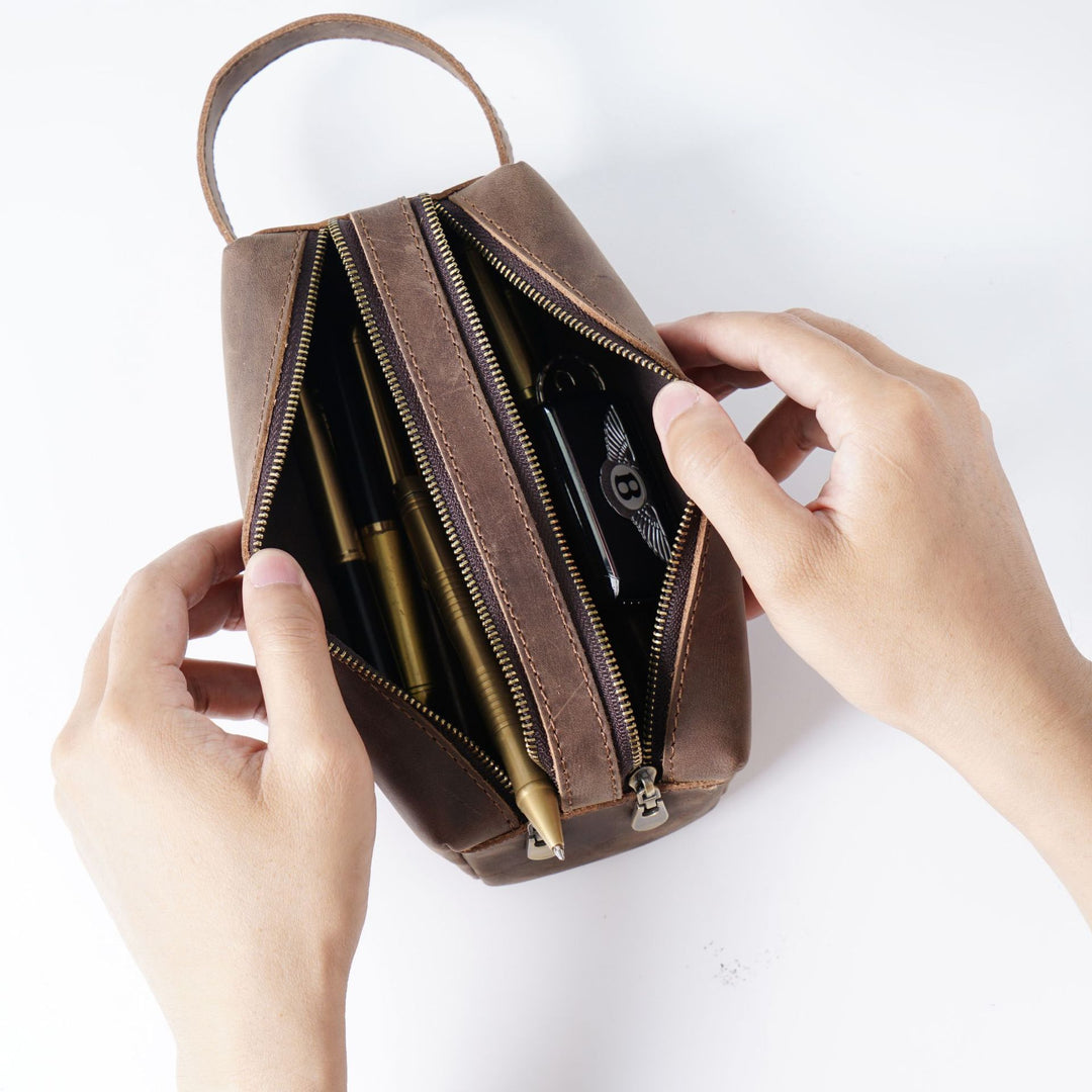 Dual-Zipper Leather Pencil Case