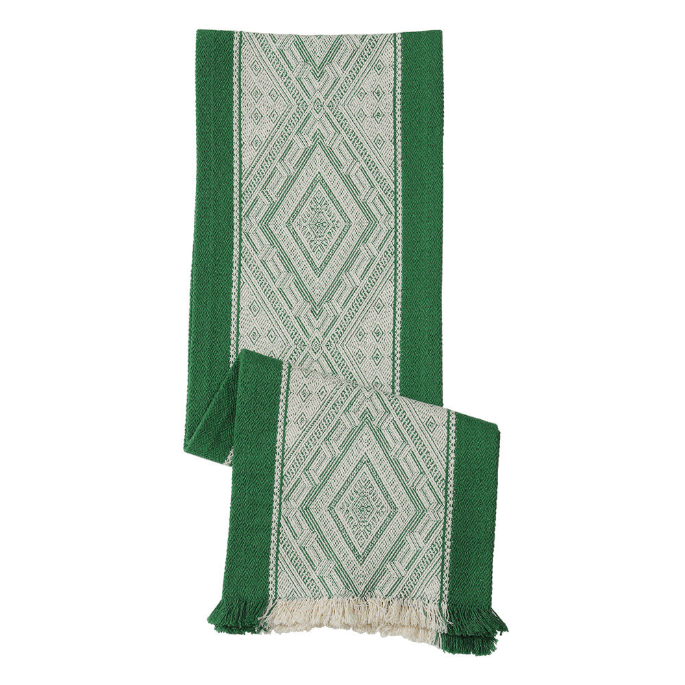 Woven table runner with geometric ethnic ornament and fringes Stornfield