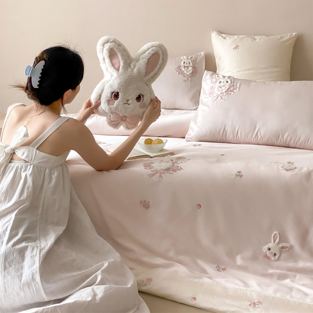 Embroidered Satin Floral Bunny Bed Linen Duvet Cover Set