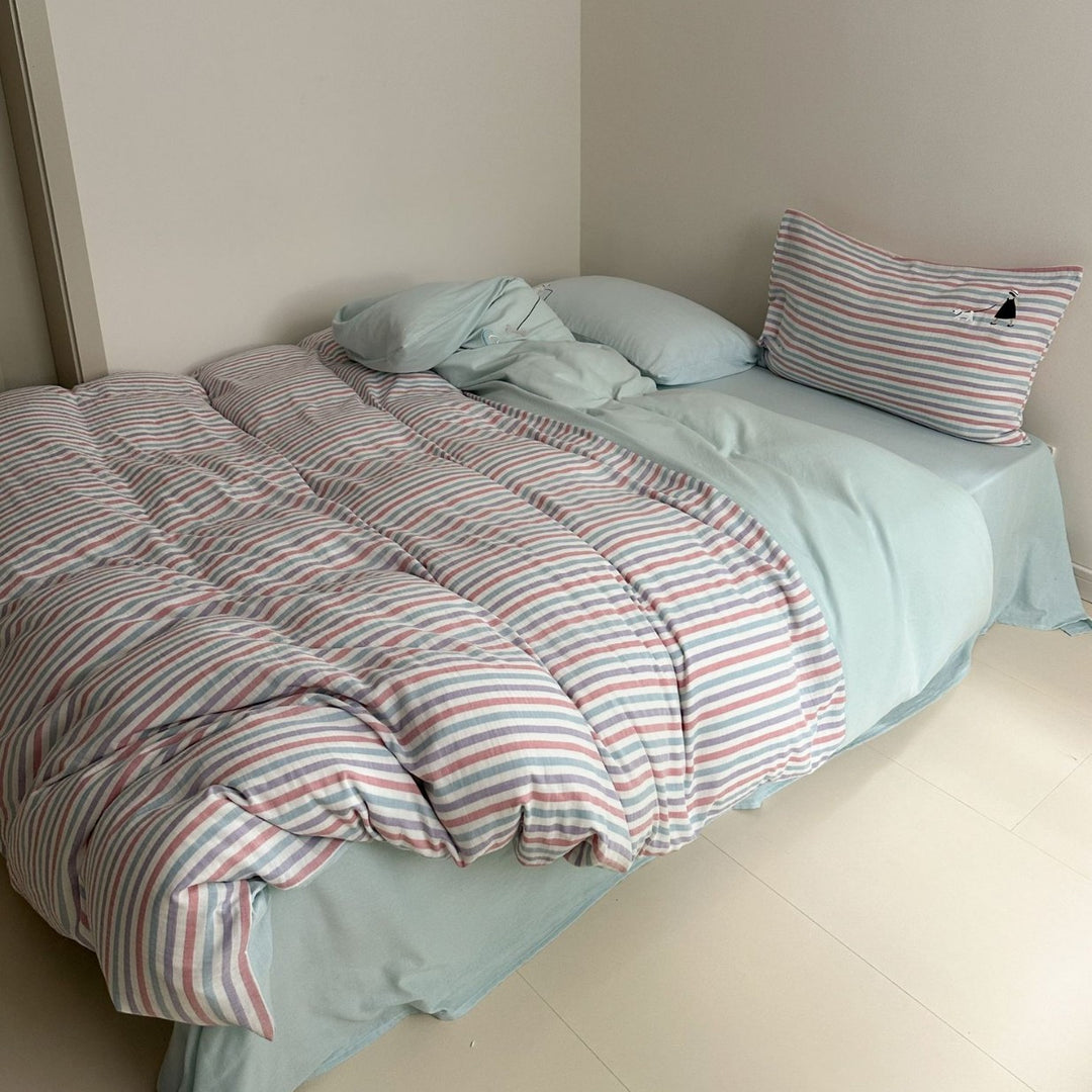 Pastel Striped Cotton Sateen Lightweight Duvet Cover Set with Solid Fitted Sheet and Accent Embroidered Sham