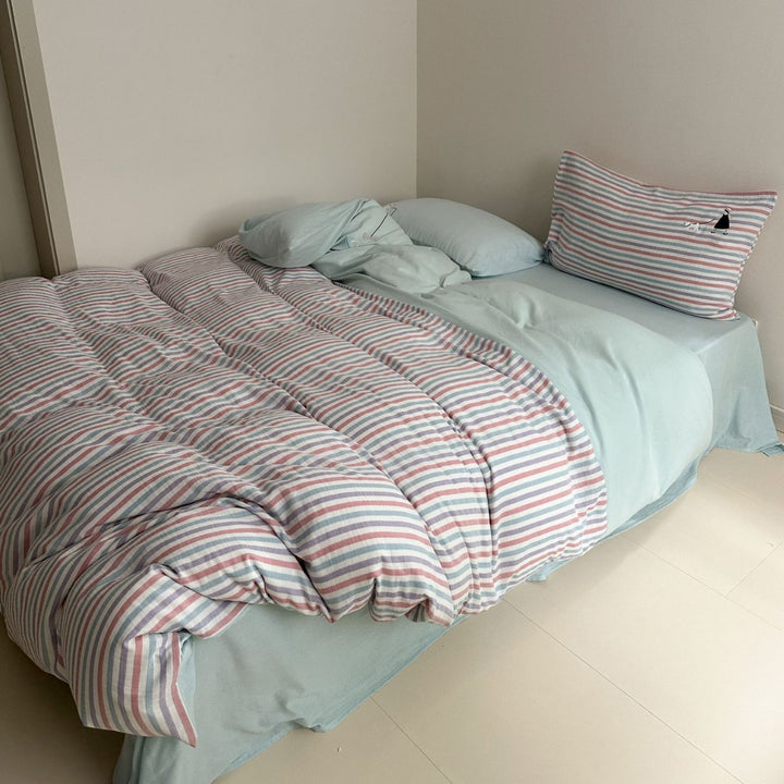 Pastel Striped Cotton Sateen Lightweight Duvet Cover Set with Solid Fitted Sheet and Accent Embroidered Sham