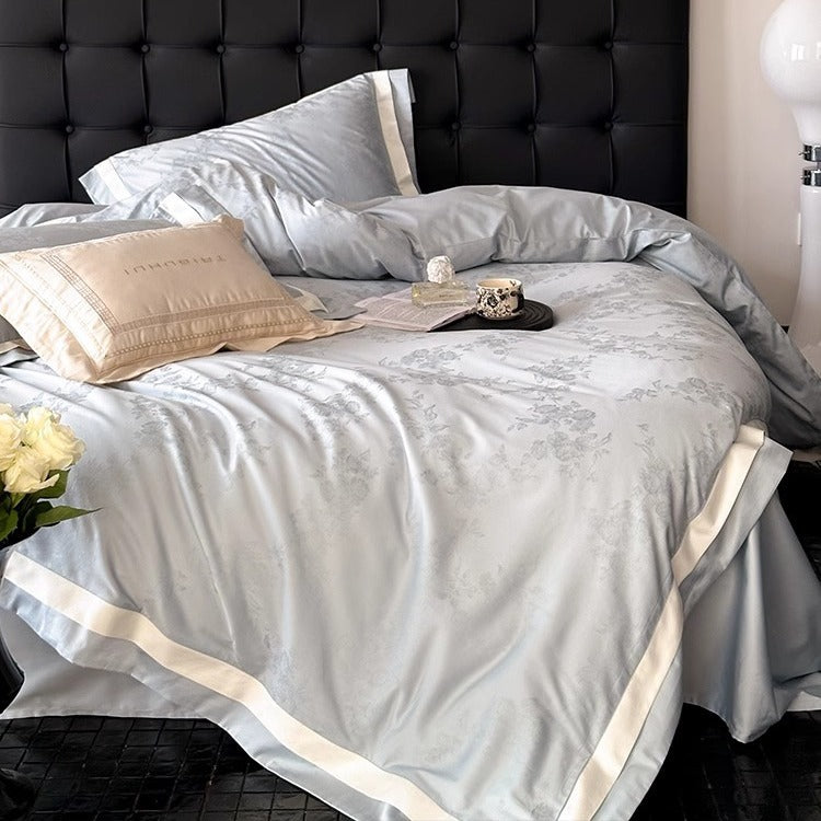 Satin Jacquard Duvet Cover Set with Contrast Border and Floral Motif