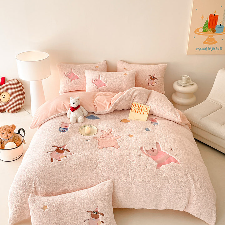 Sherpa Plush Cartoon Embroidered Duvet Bedding Set