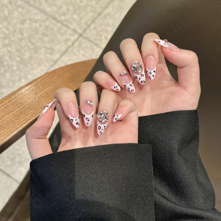 Elegant Pointed Press-On Nail Art Set with Gemstone and Animal Print Accents