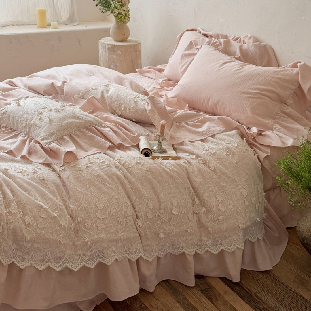Romantic Ruffled Embroidered Cotton Duvet Cover Set with Lace Overlay & Bed Skirt