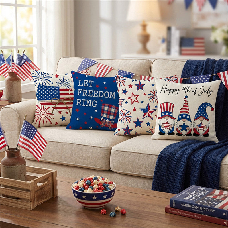 Decorative Cotton-Linen Throw Pillow Cover with Patriotic Star and Fireworks Print