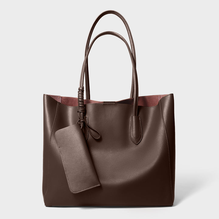Leather Structured Tote Bag with Detachable Pouch
