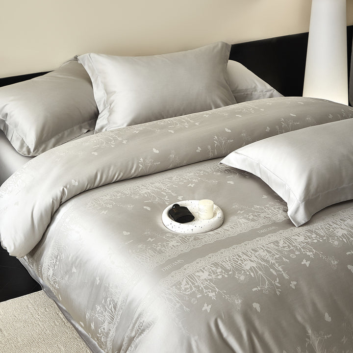 Silky Cotton-Sateen Duvet Cover Set with Subtle Botanical Jacquard & Deep-Pocket Sheet