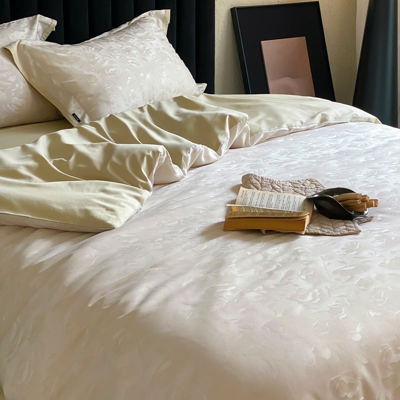 Luxurious satin bedding set with subtle floral jacquard